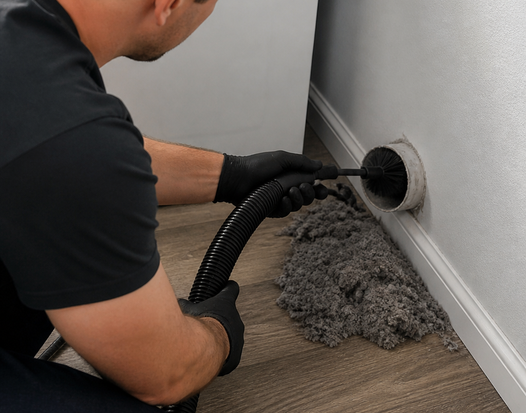 Lint being removed from a clogged dryer vent exhaust