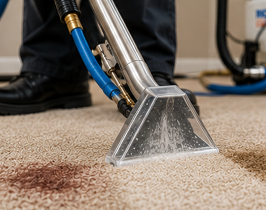 Hot water extraction removing deep carpet stains with professional equipment
