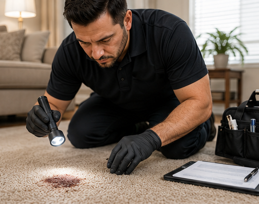 Technician inspecting a carpet stain before professional stain removal service