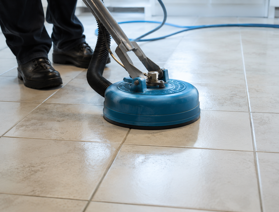 Professional tile and grout cleaning with rotary floor cleaning machine on ceramic tile floor