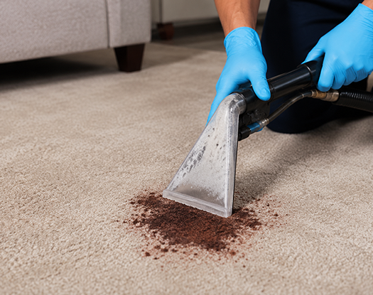 Professional applying targeted stain treatment to remove carpet stains